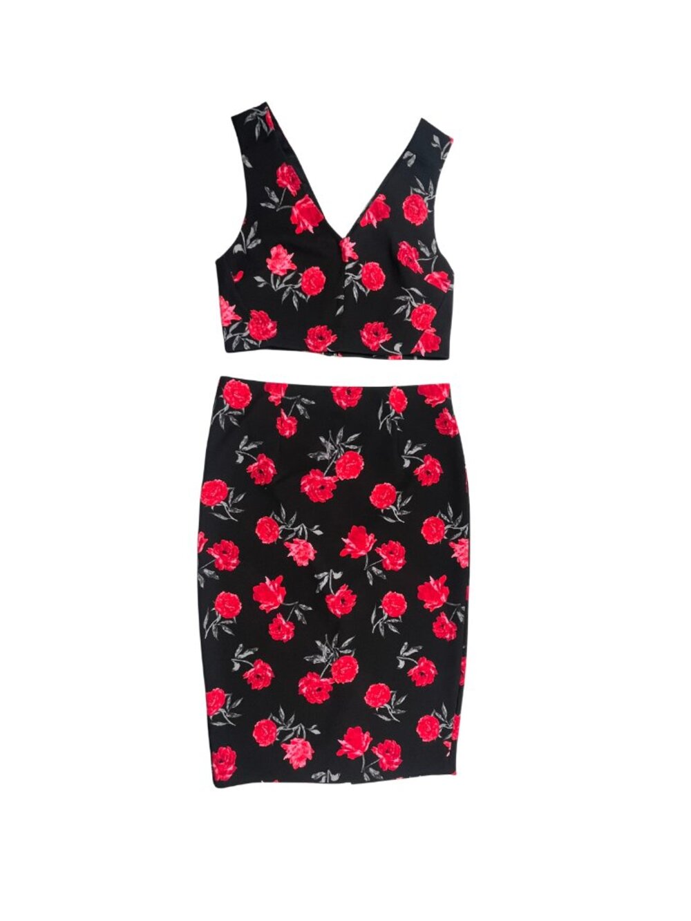 Dynamite Black Red Floral Crop Top & Pencil Skirt Matching Set Medium